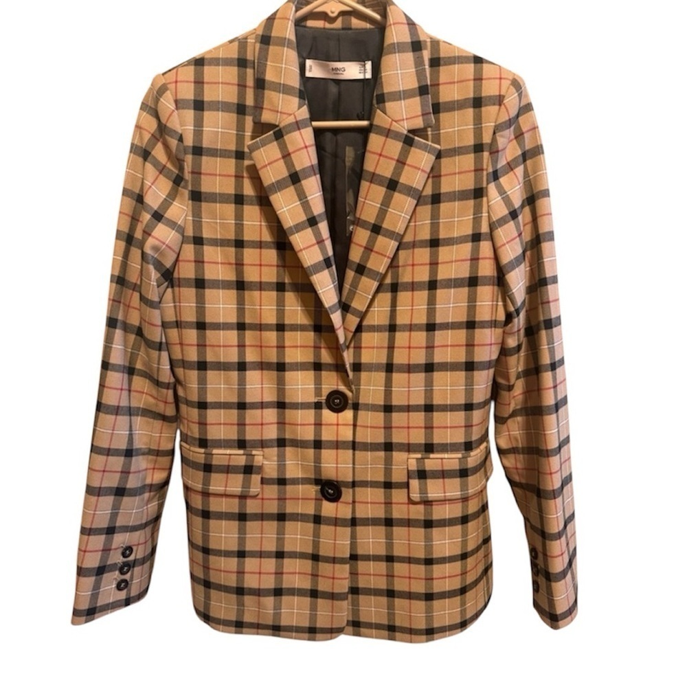 Mango MNG Women’s Blazer Brown Tan Black Red Plaid Double Button Sz XS